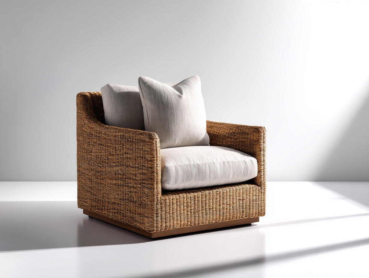 Polyrattan Gartensessel 96 x 91 x 82 cm - Hellbraun und Creme - Breite Loungeform mit Holzsockel für Garten Terrasse und Wintergarten