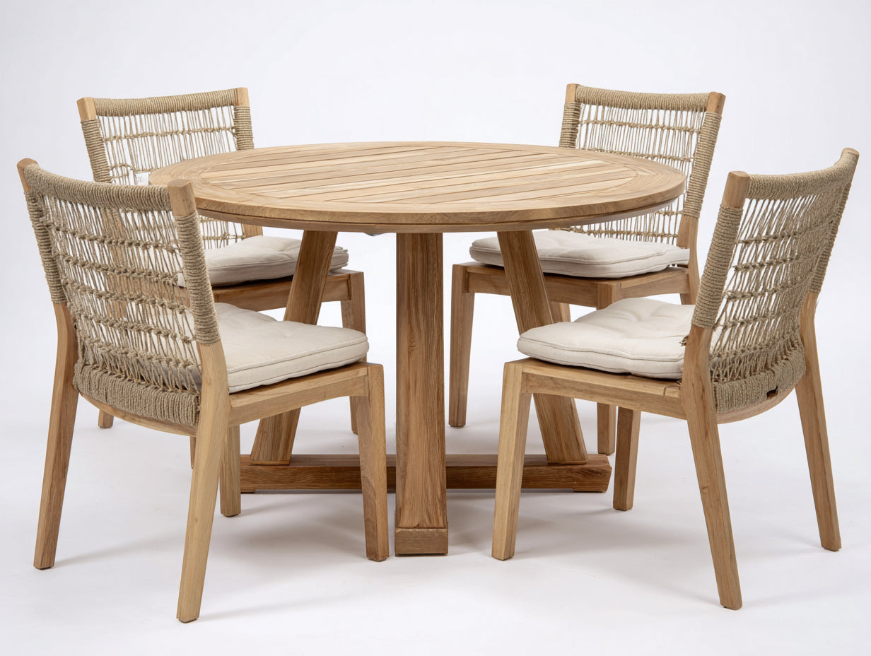 Garten Essgarnituren aus Holz mit Seilgeflecht 120 x 120 x 76 cm - Natur und Beige - Runde Essgruppe für vier Personen