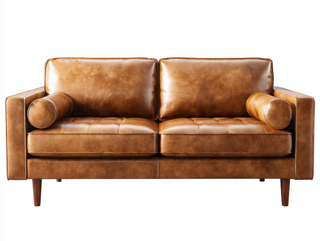 Gerades Sofa 2-Sitzer mit Bezug in Lederoptik 190 x 90 x 85 cm - Cognacbraun - Modernes Design mit Holzfüßen für das Wohnzimmer
