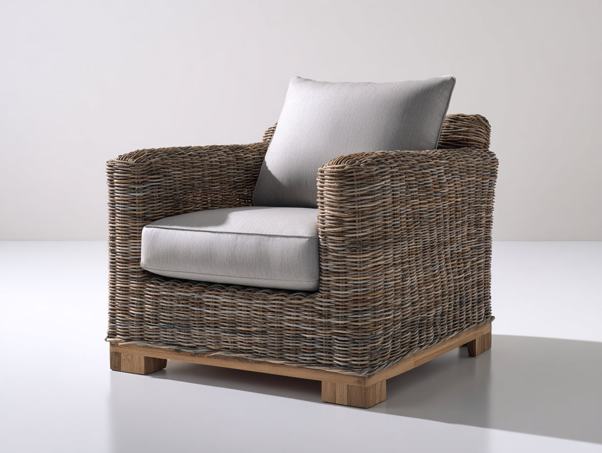 Polyrattan Gartensessel mit Holzsockel 85x80x78 cm - Braun Beige - Loungesessel für Garten und Terrasse