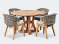 Garten Essgarnitur 5-teilig aus Holz und Seilgeflecht - Runder Tisch 110 x 75 cm mit 4 Armlehnstühlen - Naturholz und Grau für Terrasse und Garten