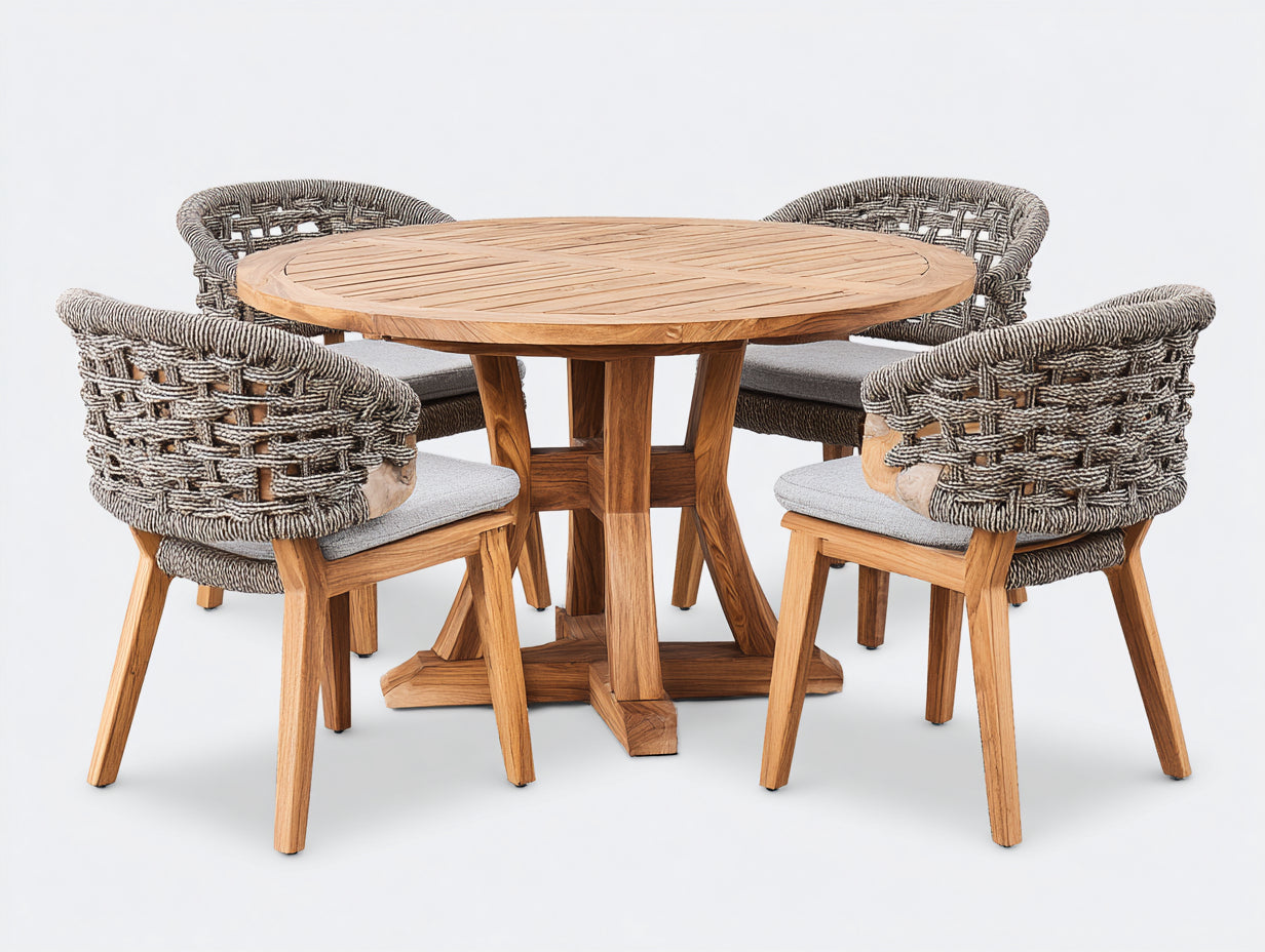 Garten Essgarnitur 5-teilig aus Holz und Seilgeflecht - Runder Tisch 110 x 75 cm mit 4 Armlehnstühlen - Naturholz und Grau für Terrasse und Garten