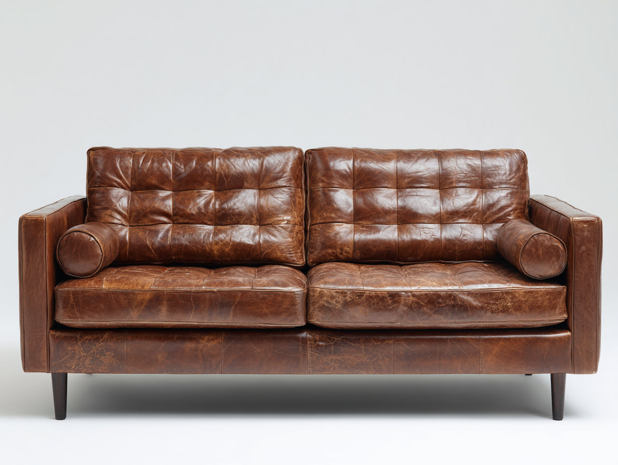 Gerades Sofa mit Bezug in Lederoptik 210 x 92 x 88 cm - Braun - Breite Armlehnen und Steppnähte im Vintage-Stil für Wohnzimmer