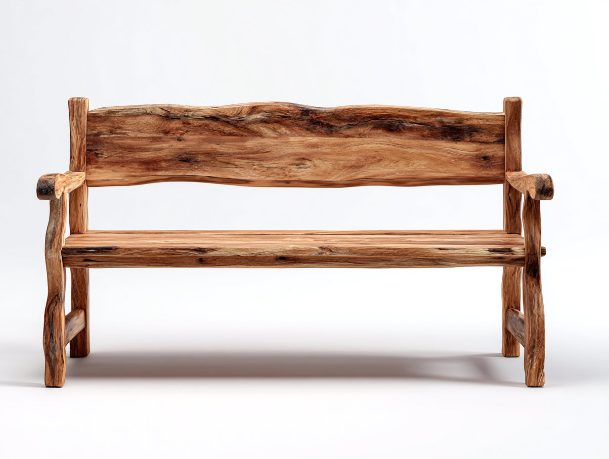Gartenbank aus massivem Holz - 150 x 58 x 90 cm - Natur und Braun - Rustikales Design mit Rückenlehne und Armlehnen