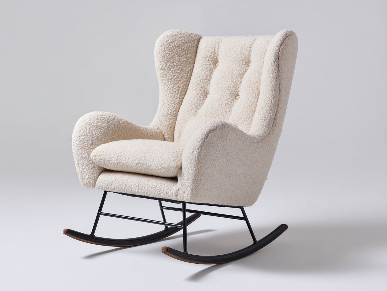 Schaukelstühle Polstersessel mit Bouclébezug 80x92x105 cm - Creme-Schwarz - Mit hoher Rückenlehne und Metallgestell