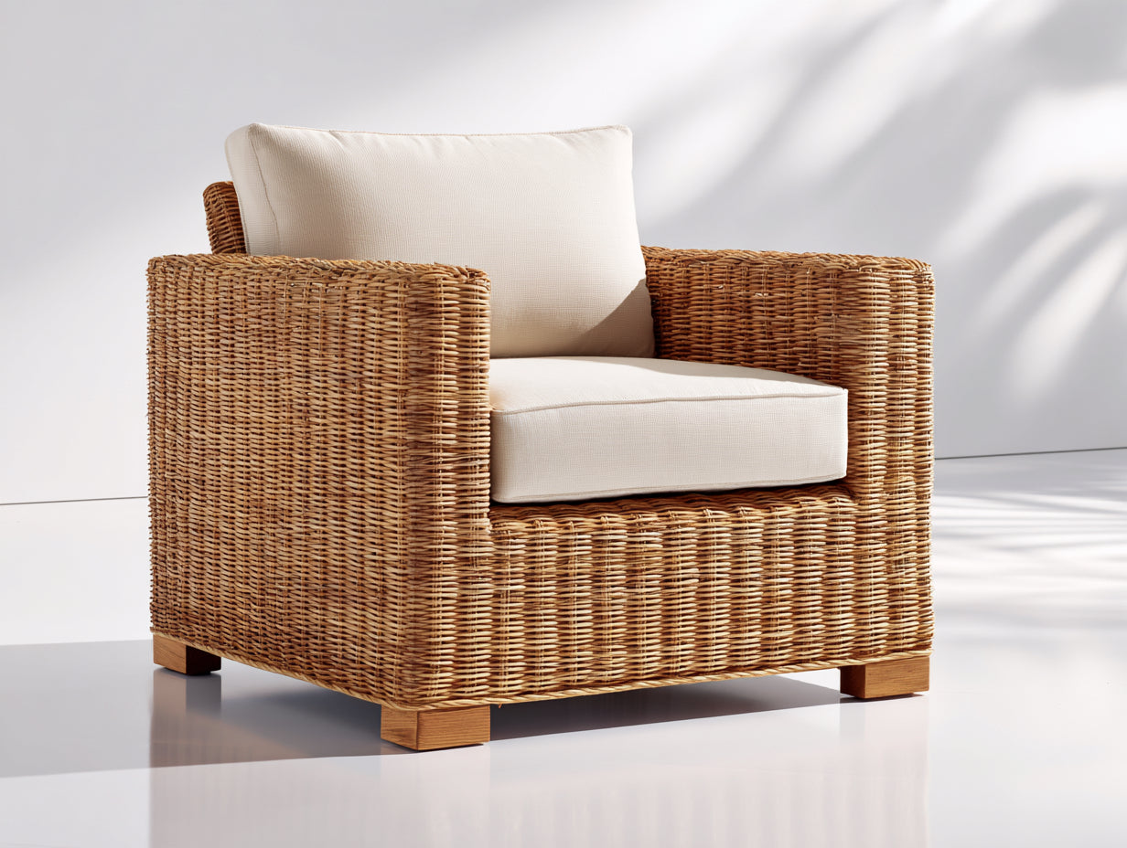 Polyrattan Gartensessel mit Sitzpolster und Rückenkissen - 86 x 84 x 82 cm - Natur und Creme - Kubisches Design für Garten und Terrasse