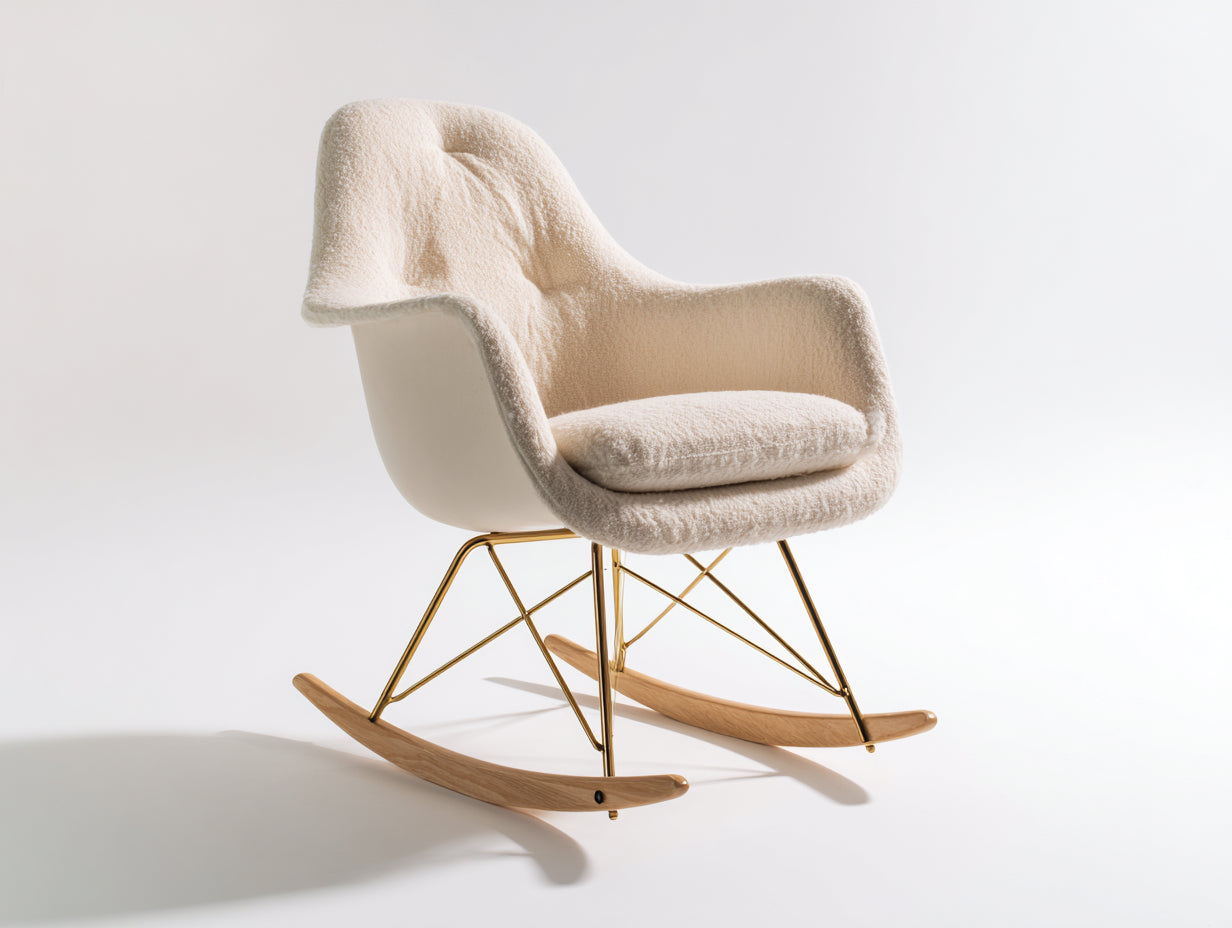 Schaukelstuhl mit Bouclé-Bezug 82 x 74 x 90 cm - Beige und Gold - Gepolsterte Sitzschale mit Metallgestell und Holzkufen für Wohnzimmer