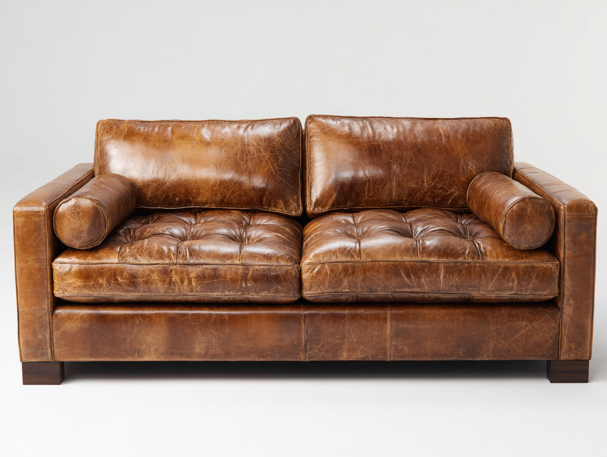 Gerades Sofa 2-Sitzer mit Bezug in Lederoptik 200 x 92 x 86 cm - Cognacbraun - Gesteppte Sitzfläche im Vintage-Stil für Wohnzimmer