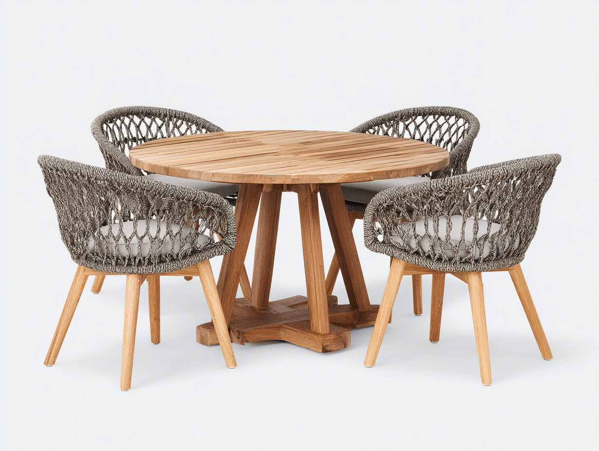Garten Essgarnituren Set 5-teilig Holz und Seilgeflecht 120x120x75 cm - Naturholz-Grau - runder Esstisch mit 4 Stühlen