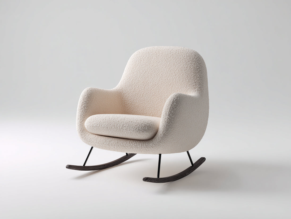 Schaukelstuhl mit Bouclé-Bezug 82 x 76 x 88 cm - Cremeweiß und Dunkelbraun - Gepolsterte Sitzschale mit Metallgestell und Holzkufen für Wohnzimmer