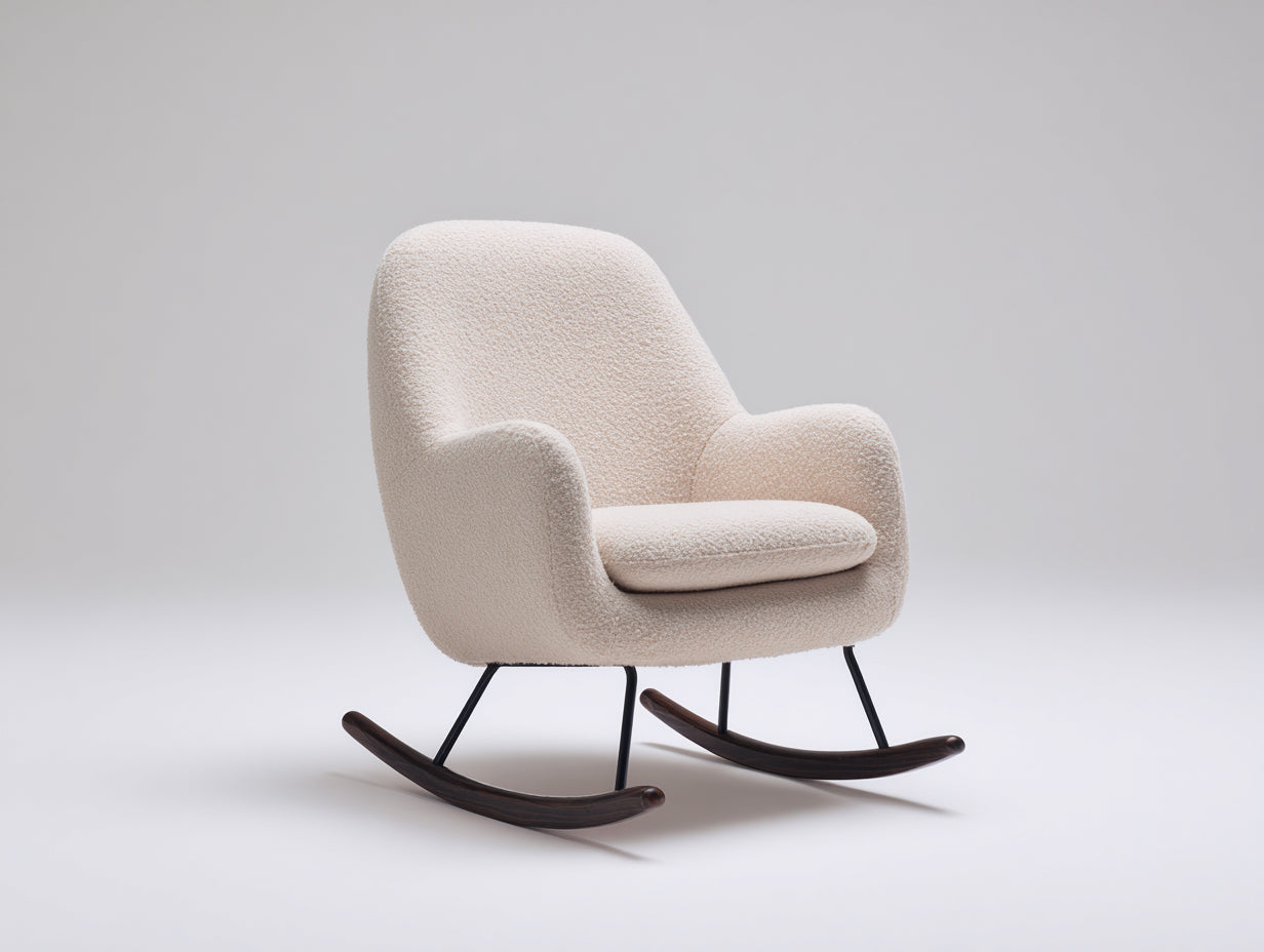 Schaukelstühle Polstersessel mit Bouclé-Bezug 77 x 75 x 92 cm - Cremeweiß-Schwarz-Dunkelbraun - Modernes Design mit hoher Rückenlehne und Holzkufen