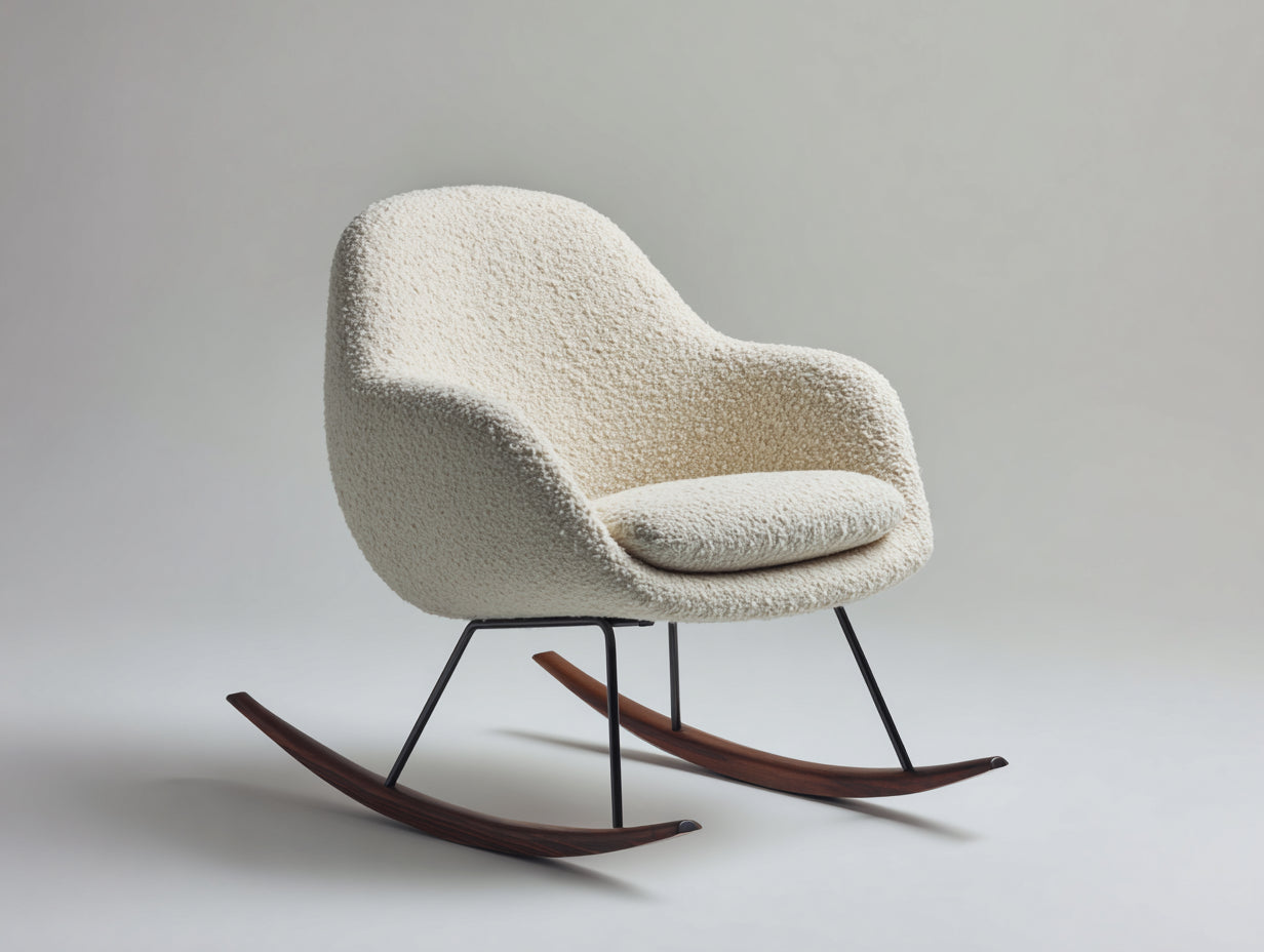 Schaukelstuhl 83x75x85 cm - Cremeweiß-Dunkelholzfarben - Bouclé-Stoffbezug mit Metallgestell