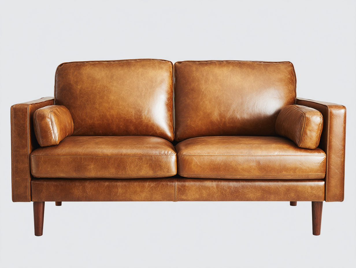 Gerades Sofa 2-Sitzer aus Kunstleder 182 x 90 x 87 cm - Cognacbraun - Klassisches Design mit erhöhten Holzfüßen für Wohnzimmer