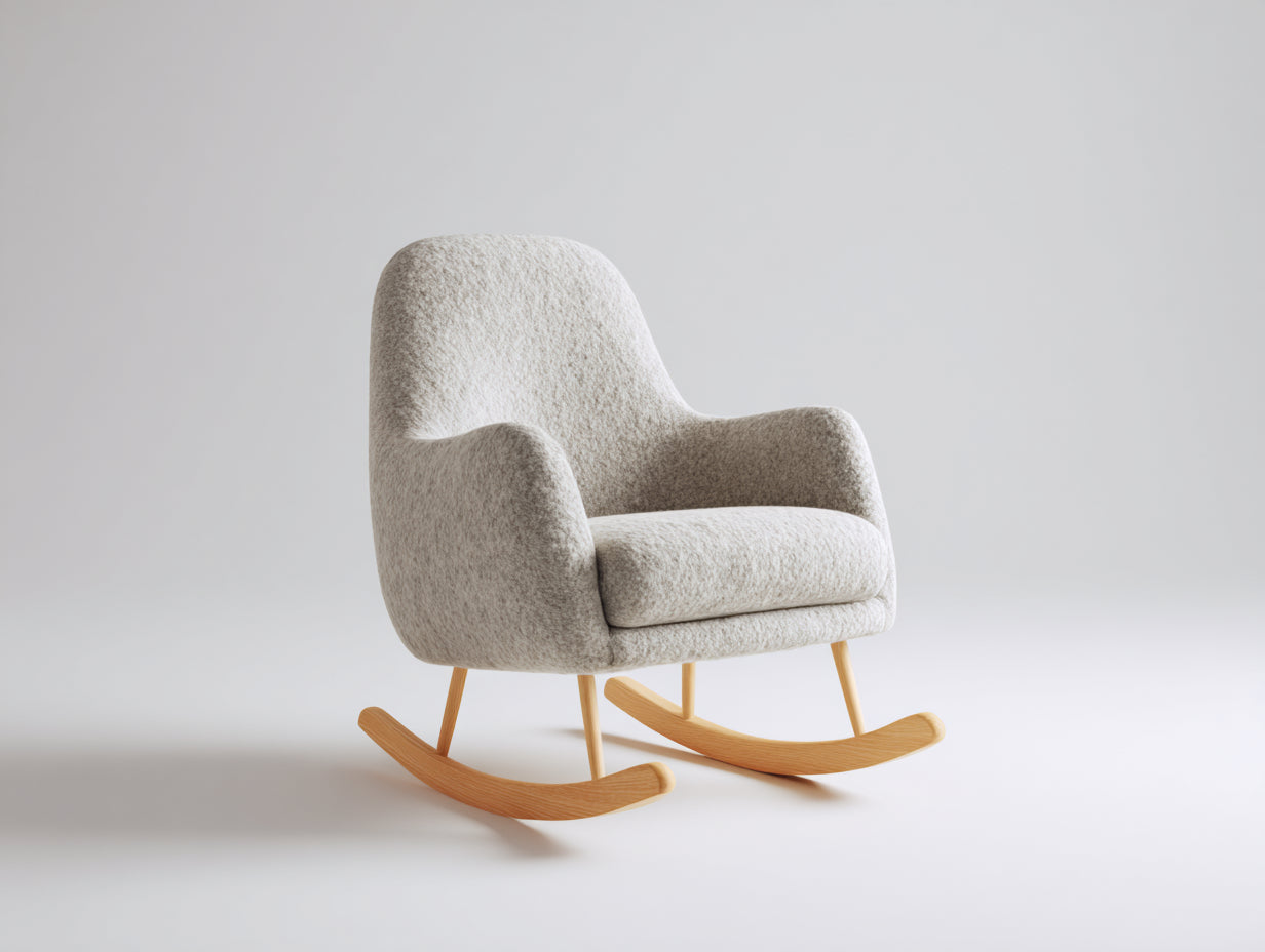 Schaukelstühle Einzelsessel mit Strukturstoff - 76 x 81 x 91 cm - Cremeweiß Natur - Moderner Schaukelstuhl mit Armlehnen und Holzkufen für Wohnzimmer