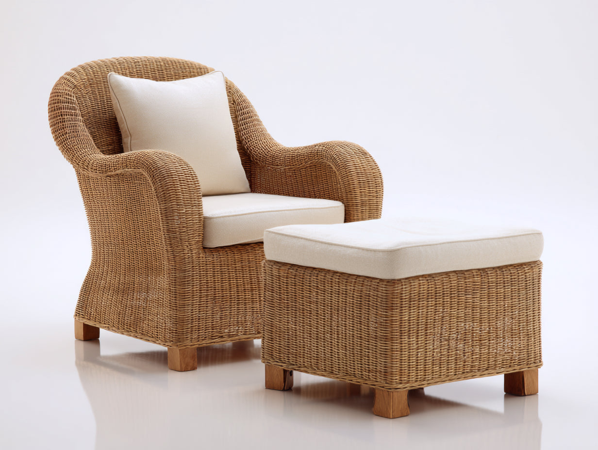 Polyrattan Gartensessel Set 2-teilig 84x80x82 cm - Natur-Creme-Braun - Loungesessel mit Hocker