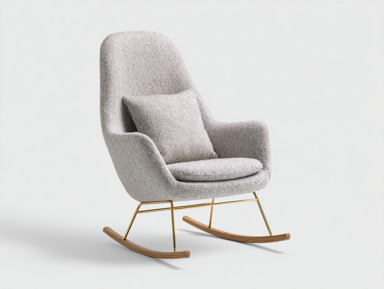 Schaukelstuhl mit Bouclé-Bezug 92 x 78 x 105 cm - Beige und Gold - Hohe Rückenlehne und Holzkufen für Wohnzimmer